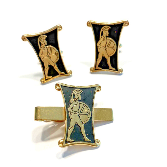 Vintage Swank Cufflinks & Tie Bar Set Gold & Black Warrior Roman Soldier Retro